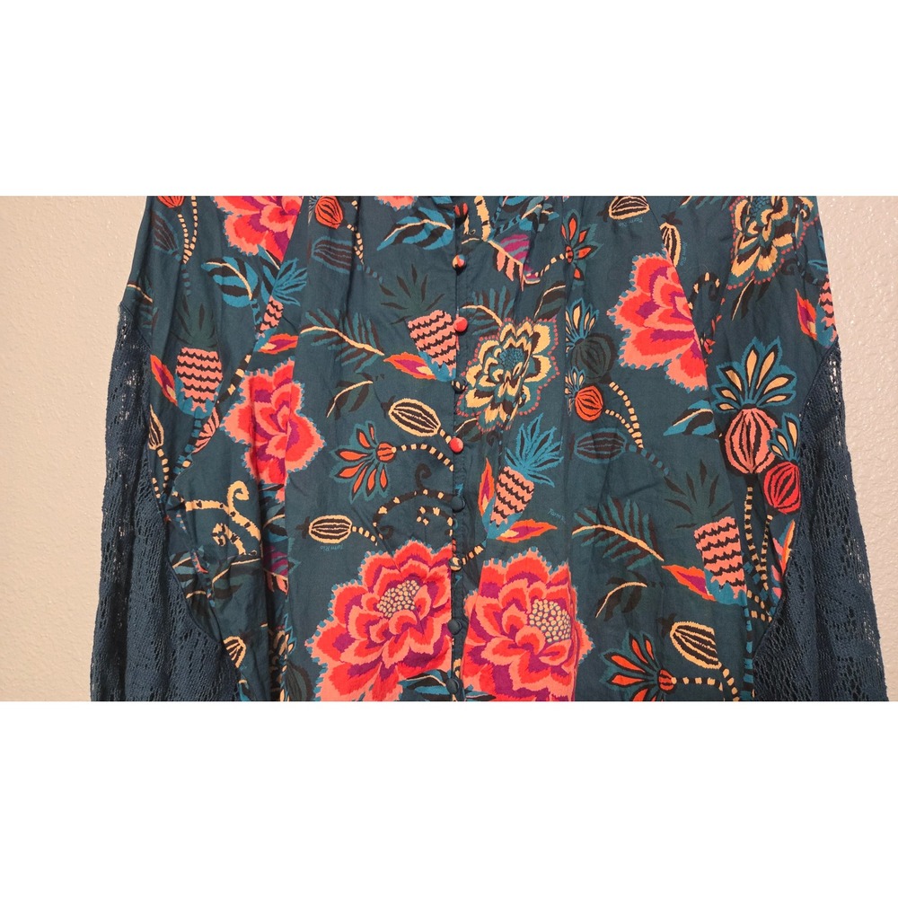 Farm Rio Anthropologie Floral Blouse Lrg Teal Lace Sleeve Boho Romantic Peasant - Picture 9 of 16